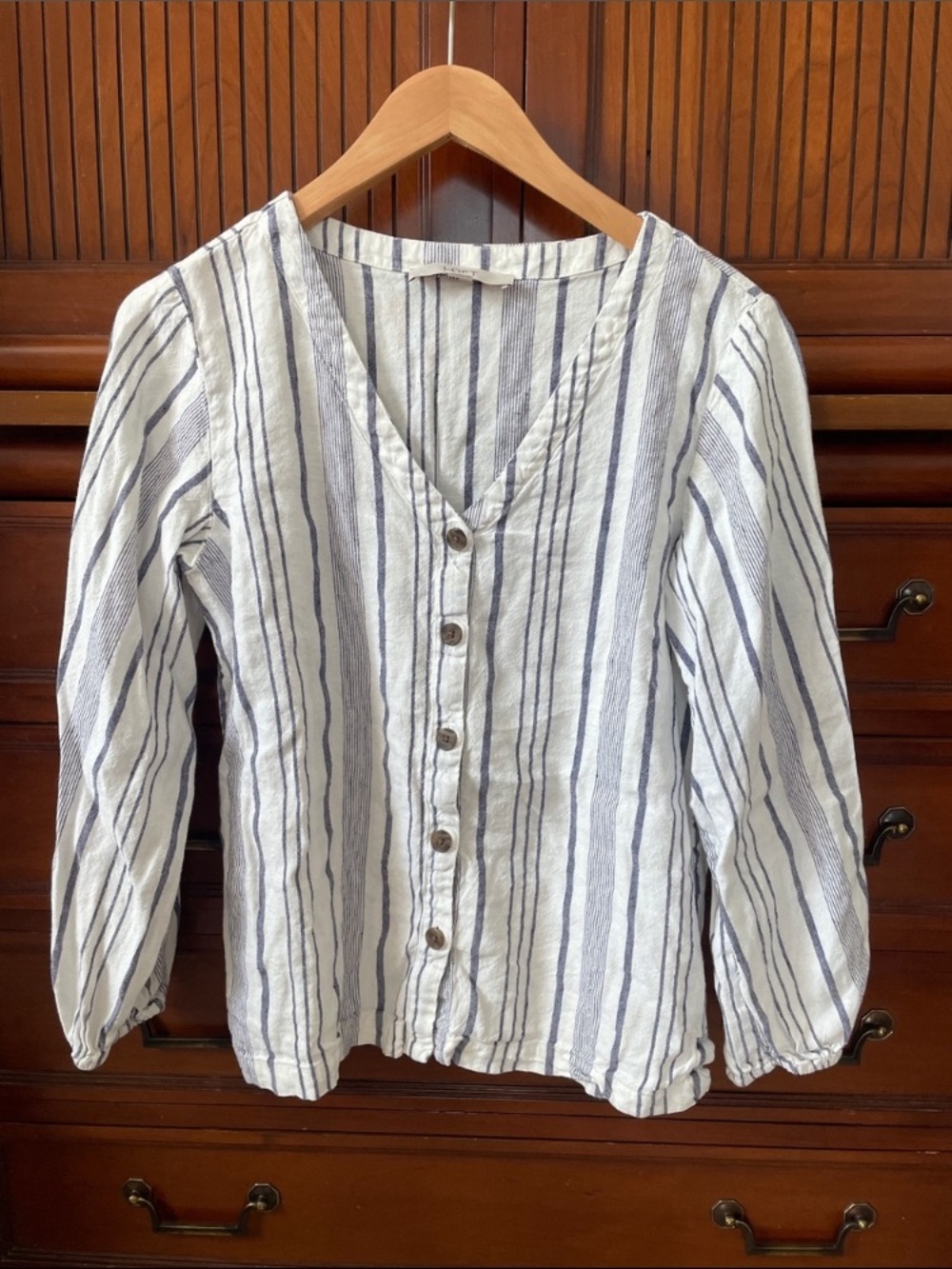 Women's Striped Button-Front Short Sleeve Tee - White & Blue